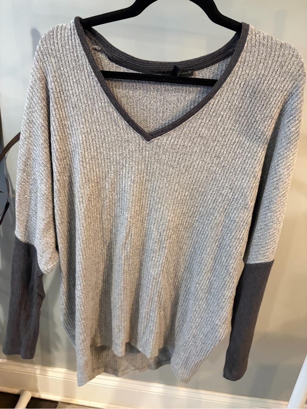 White House Black Market Gray Ribbed V-Neck Sweater with Charcoal Trim -medium